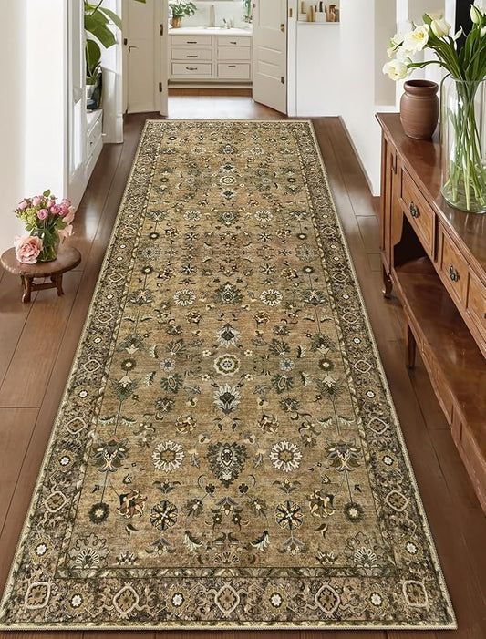 2.6x8 Hallway Runner Rug, Floral Washable Non-Slip Vintage Boho Runner Rug for Hallway Entryway Indoor, Brown Print Carpet,Soft Low Pile Long for Kitchen Bedroom