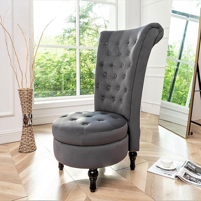 Container Furniture Direct Royal High-Back Velvet Accent Chair for Vanity with Storage and Luxurious Upholstery, Retro Design and Versatile Usage for Livingroom, Bedroom, Lounge and Office, Grey