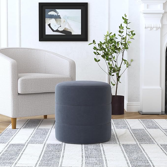 HomePop Upholstered Round Ottoman (No Lid, Seat Only) Home Décor | Round Pouf Foot Rest – Steel Blue Velvet