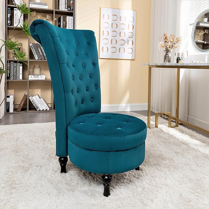 Container Furniture Royal High-Back Velvet Accent Chair for Vanity with Storage and Luxurious Upholstery, Retro Design and Versatile Usage for Livingroom, Bedroom, Lounge and Office, Greenish Blue