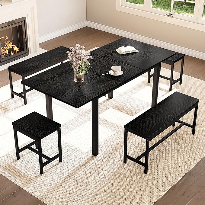 Garvee 5 PCs Extendable Dining Table Set for 4-8 People, 63 Inch Kitchen Table with 2 Benches & 2 Stools, Modern Dining Room Furniture, Easy Assembly Metal Frame