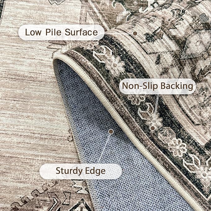 2X5 Area Rugs Machine Washable Rugs for Living Room, Vintage Boho Large Rugs for Bedroom Dining Room, Non Slip Indoor Soft Distressed Lightweight Thin Low Pile Carpet, Beige