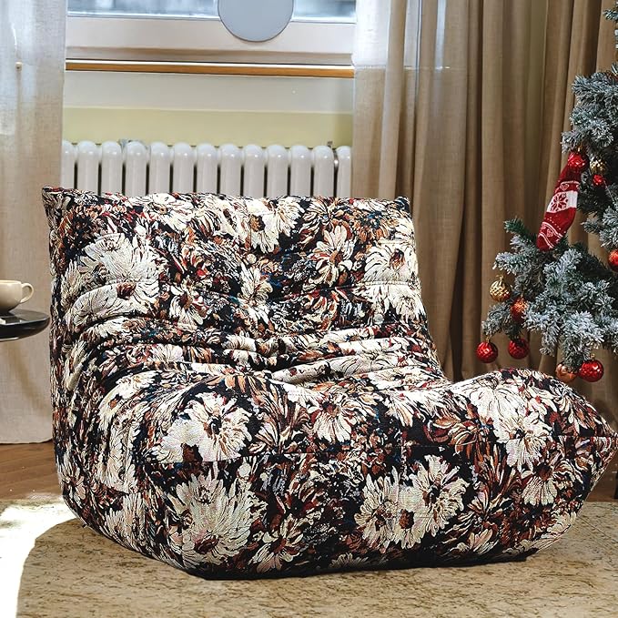 CXC Fireside Chair, Gaming Chair Floor, Large Bean Bag Chairs for Adults, Memory Sponge Lazy Sofa, Ergonomic Design Comfy Couch for Living Room丨 Bedroom丨 Office丨(Happy Flower-Brown, Linen)