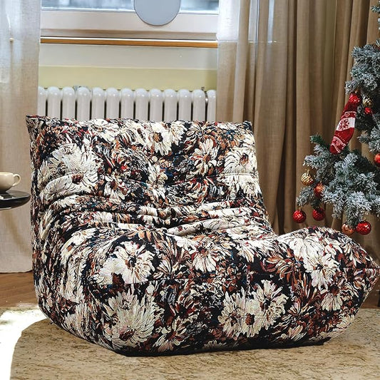 CXC Fireside Chair, Gaming Chair Floor, Large Bean Bag Chairs for Adults, Memory Sponge Lazy Sofa, Ergonomic Design Comfy Couch for Living Room丨 Bedroom丨 Office丨(Happy Flower-Brown, Linen)