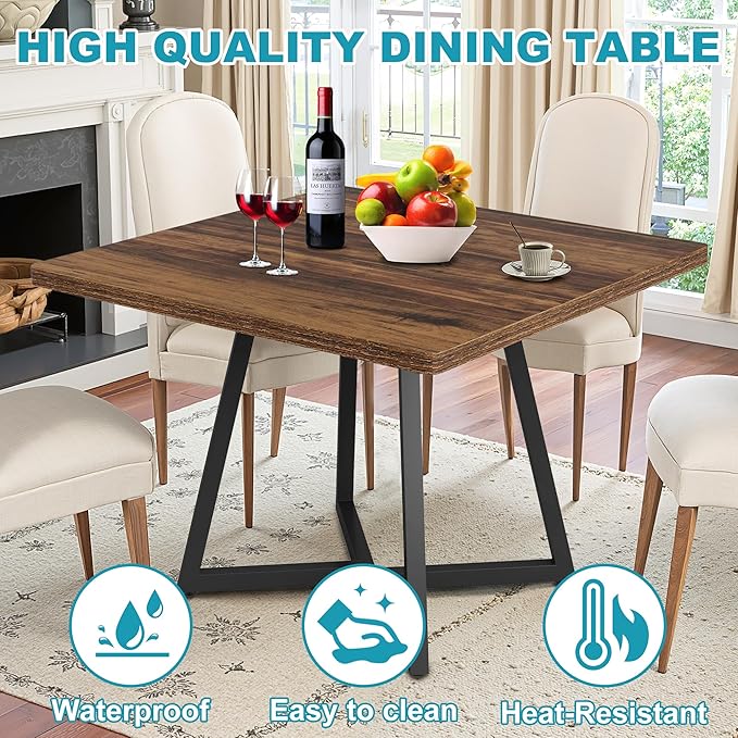 Square Dining Table for 2-4, 31.5" Small Dinner Table with Metal Frame Base Square Kitchen Tables for Dining Room, Kitchen, Living Room, Brown & Black