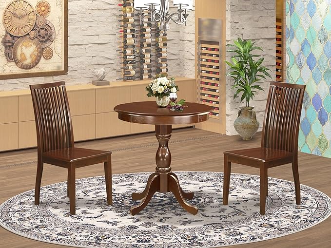 East West Furniture ESIP3-MAH-W 3 Piece Dining Table Set for Small Spaces Contains a Round Dining Room Table with Pedestal and 2 Wood Seat Chairs, 30x30 Inch, Mahogany