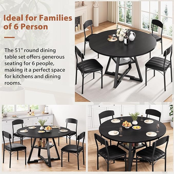 51‘’ Round Dining Table Set for 4, Kitchen Table and Chairs for 4, Circle Table Round Pedestal Dining Room Dinner Dinette Table Set,5 Piece Space Saving Wood Kitchen & Dining Room Tables (Black, 51In)