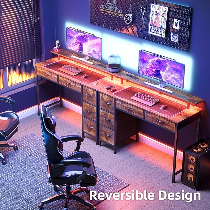 Computer Desk with 5 Drawers, Gaming Desk with LED Lights Power Outlets and Type-C, 47 Inch Office Desk with Storage, Monitor Stand, Writing Desk Work Table for Home Office, Small Spaces, Rustic Brown