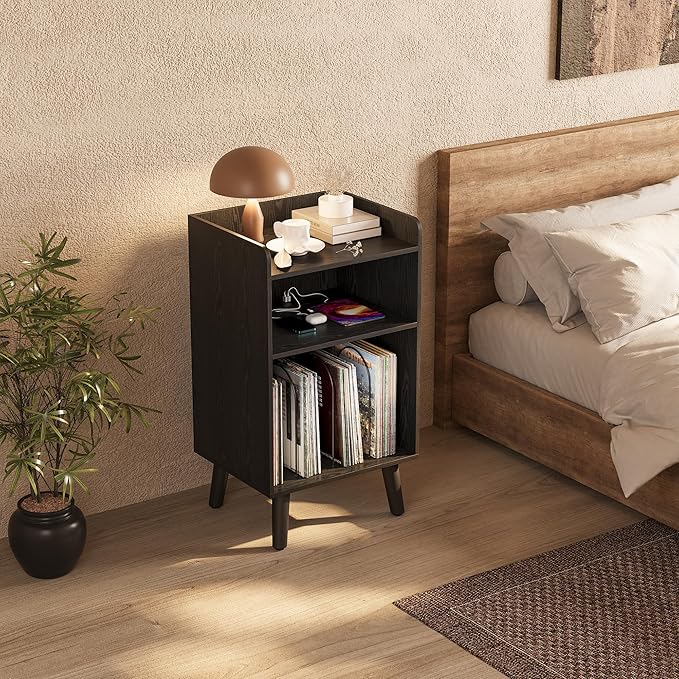 Record Player Stand, Turntable Stand with Record Storage and Charging Station & USB Ports, Record Player Table with Metal Divider, Record Stand Up to 120 Albums for Living Room, Bedroom Black