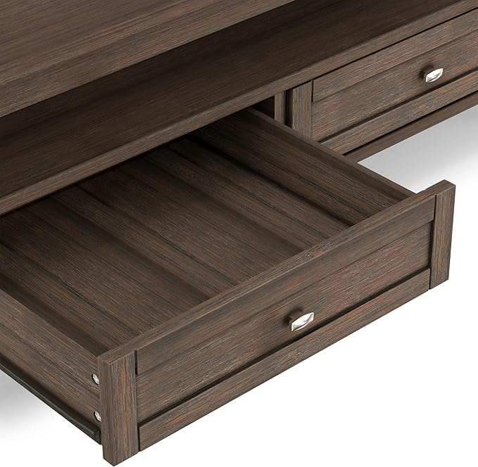 SIMPLIHOME Warm Shaker Coffee Table - 48 inch Wide Solid Wood Cocktail Table in Farmhouse Brown, Transitional Living Room Table with 2 Storage Drawers and Open Shelf for Sitting Area or Lounge