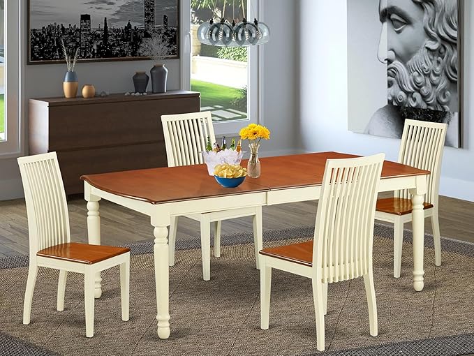 East West Furniture DOIP5-BMK-W 5 Piece Dining Set Includes a Rectangle Dining Room Table with Butterfly Leaf and 4 Wood Seat Chairs, 42x78 Inch, Buttermilk & Cherry