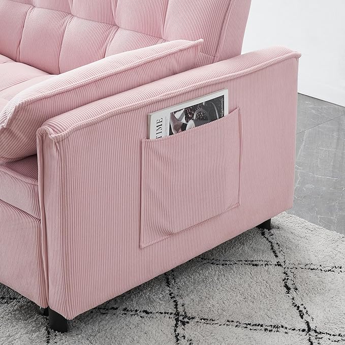Ball & Cast Convertible Sofa Bed,Loveseat Sleeper Sofa W/Pull-Out Bed,Convertible Pull Out Couch W/2 Pillows,Adjustable Backrest&Side Pocket,Corduroy Futon Couches for Living Room,Apartment,Pink,54"