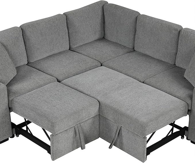 84.7" Symmetrical Convertible Sleeper Sectional Sofa Couch Bed for Living Room 4 Seater L Shaped Reversible Pull Out Sleeper Sofabed with Movable Ottoman ,2 Cup Holders ,USB Ports, Detachable Backrest