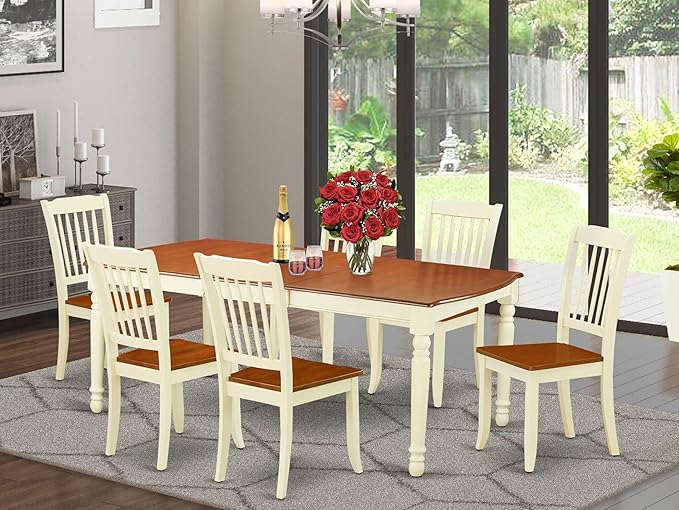 East West Furniture DODA7-BMK-W 7 Piece Dining Table Set Consist of a Rectangle Dinner Table with Butterfly Leaf and 6 Dining Room Chairs, 42x78 Inch, Buttermilk & Cherry