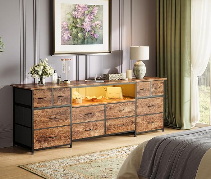 Huuger 63 Inch Dresser TV Stand with LED Lights, Power Outlets and USB-C Port, 12 Fabric Drawer Dresser for Bedroom, Entertainment Center for 65, 70 Inch TV, Media Console, Open Shelf, Rustic Brown