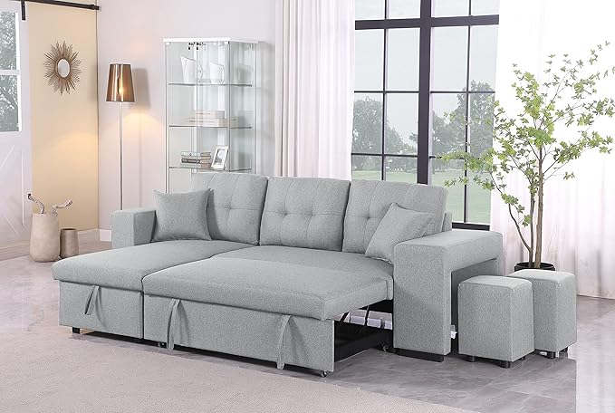 Devion Furniture Garisa 4-in-1 Convertible L Shaped Couch with Pull Out Bed and Storage, Sectional Sleeper Sofa with Reversible Chaise for Living Room, Apartment, Bedroom, Office