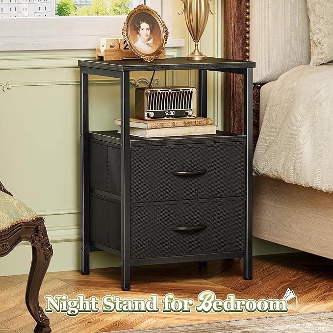 Huuger Night Stand with 2 Drawers, Bed Side Table with Open Shelf, Wooden Top, Nightstand for Bedroom, End Table for Small Space, Fabric Drawer, Black