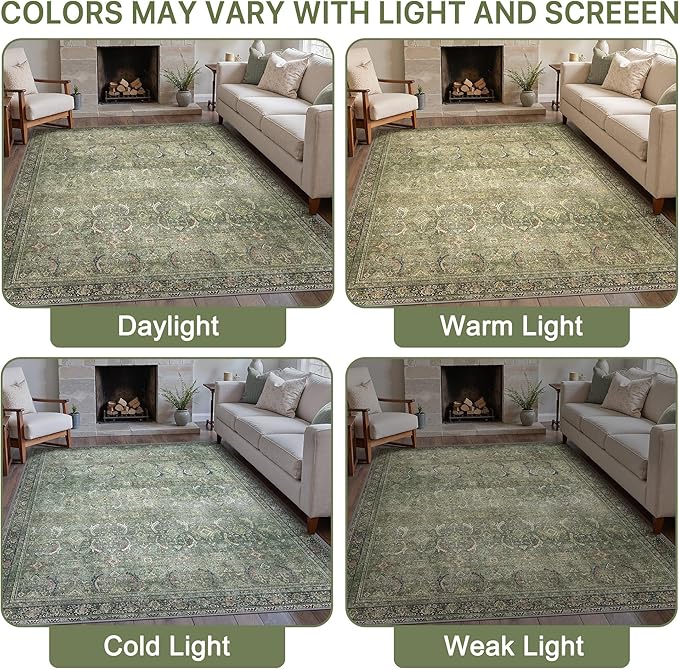 6X9 Area Rugs Machine Washable Rugs for Living Room, Vintage Boho Large Rugs for Bedroom Dining Room, Non Slip Indoor Soft Distressed Lightweight Thin Low Pile Carpet, Green