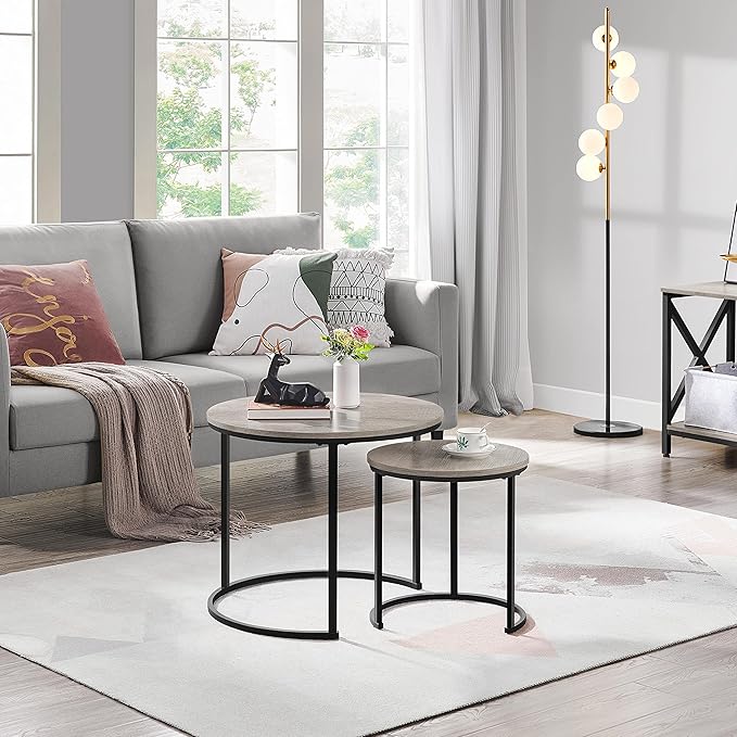 Yaheetech Nesting Coffee Table Set of 2, Nesting Table, Rustic Stacking Side Tables, Nesting End Table Set w/Round Wooden Tabletop and Sturdy Metal Base for Living Room,Small Space, Gray