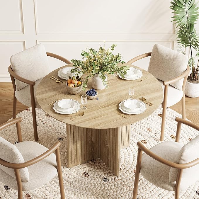 LITTLE TREE Round Dining Table for 4-6 People, Modern Wooden Kitchen Table with Pedestal Base, Small Dinner Table for Dining Room, Kitchen, Living Room