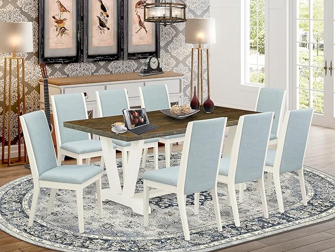 East West Furniture V077LA015-9 9 Piece Dining Set Includes a Rectangle Dining Room Table with V-Legs and 8 Baby Blue Linen Fabric Upholstered Chairs, 40x72 Inch, Multi-Color