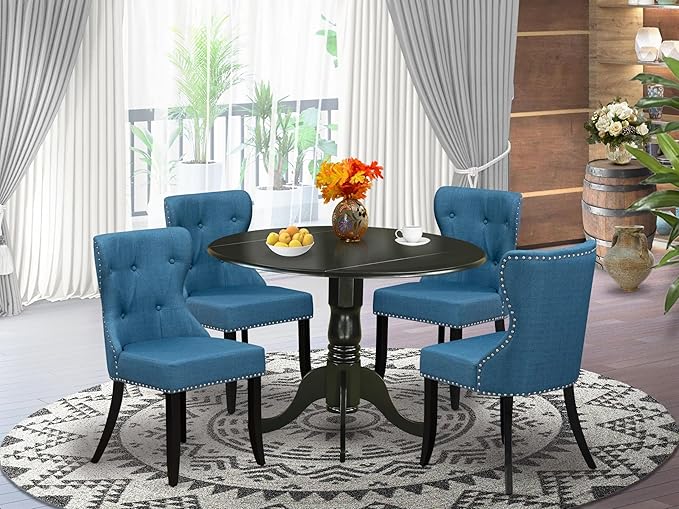 East West Furniture DLSI5-BLK-21 5 Piece Dining Room Table Set Includes a Round Kitchen Table with Dropleaf and 4 Blue Linen Fabric Parson Dining Chairs, 42x42 Inch, Black