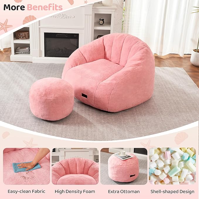 HABUTWAY Bean Bag Chair, Giant Bean Bag Chairs for Adults with Ottoman, Comfy Faux Fur Shell-Shaped Bean Bag Couch, Sofa Chair for Living Room, Bedroom, Pink