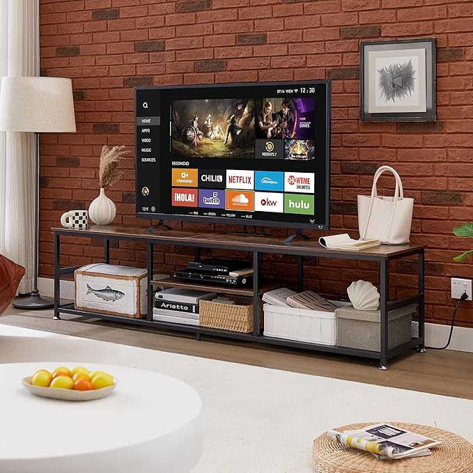 VECELO TV Stand with Power Outlets for Televisions up to 75Inch, 62" Media Entertainment Center with Charging Station 3-Tier Open Storage Shelves with Metal Frame for Living Room/Bedroom，Brown