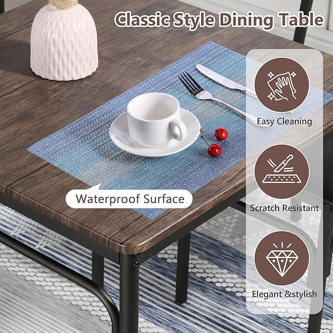 VECELO Kitchen Dining Room Table Set with 2 Chairs for Small Space, Apartment,Metal Steel Frame
