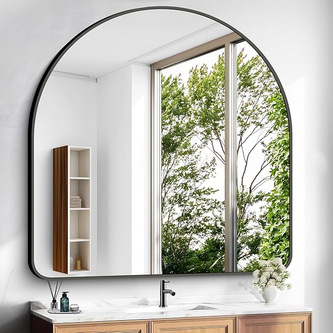 Arched Bathroom Mirror, 45"x45" Black Arched Mirror for Bathroom, Wall Mounted Mirror, Black Vanity Wall Mirror Metal Frame for Bedroom, Entryway, Living Room, Hanging or Leaning Against Wall