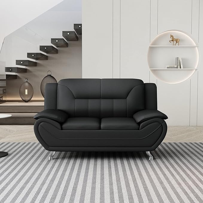 Container Furniture Direct Michael Modern Faux Leather Upholstered Stainless Steel Legs Living Room, Chair, Loveseat, Sofa, Soft Beige/Black