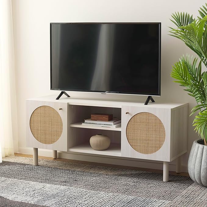 SAFAVIEH Home Collection Ophelia Bleached White/Natural Rattan 2-Door 2-Shelf Entertainment Media Stand (Fits up to a 50" Flatscreen TV)