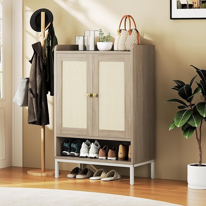 Rattan Shoe Cabinet Storage for Entryway, Shoe Cabinet with Adjustable Shelves for Entryway, 5-Tier, 20 Pair Shoe Rack Storage for Hallway, Closet, Living Room, Natural