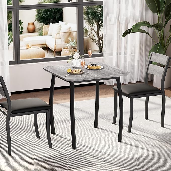Small Dining Table Set for 2,3-Piece Kitchen Table Set with Thick Wood Grain Tabletop & 2 Upholstered Chairs & Metal Frame, Compact Table Set for Small Spaces, Kitchens & Dining Rooms (Grey)