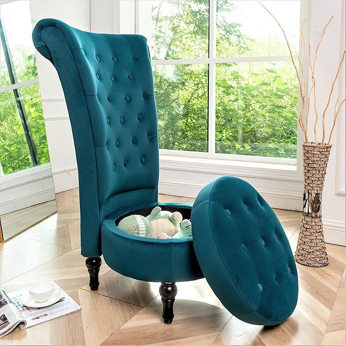 Container Furniture Royal High-Back Velvet Accent Chair for Vanity with Storage and Luxurious Upholstery, Retro Design and Versatile Usage for Livingroom, Bedroom, Lounge and Office, Greenish Blue