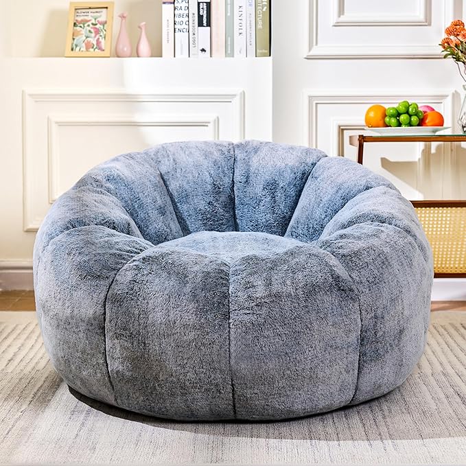 Bean Bag Chair with Filler, Faux Fur Comfy Chair with Petal Armrest Fluffy Lounge Chair for Bedroom, Living Room, Dorm, Game - Grey, Large, Low Support