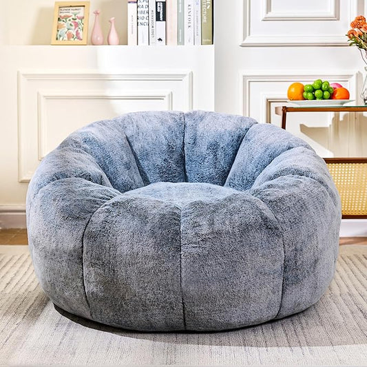 Bean Bag Chair with Filler, Faux Fur Comfy Chair with Petal Armrest Fluffy Lounge Chair for Bedroom, Living Room, Dorm, Game - Grey, Large, Low Support