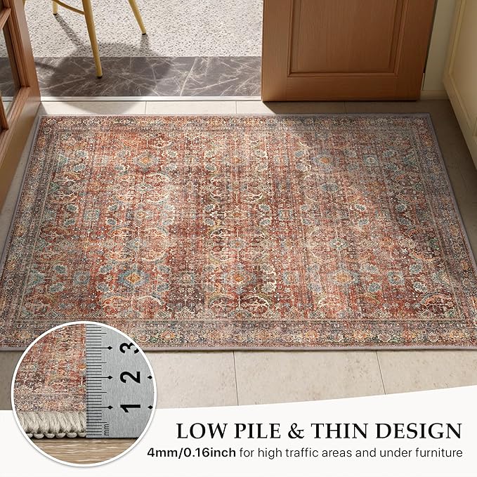 GENIMO 9x12 Area Rugs for Living Room, Machine Washable Non Slip Vintage Rugs, Low Pile Lightweight Chenille Print Rug for Bedroom, Dining Room, Home Office, Terracotta Indigo