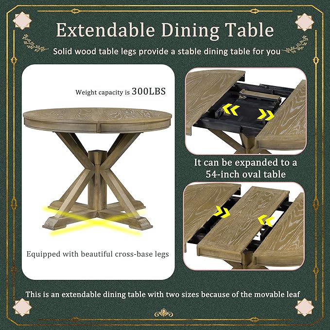 Retro Style Round Dining Table with 12" Removable Leaf for Kitchen/Living Room, Space-saving Solid Wood Tabletop Extendable Circular to Oval (42" to 54") with X-shaped Base Legs for Apartment Bistro