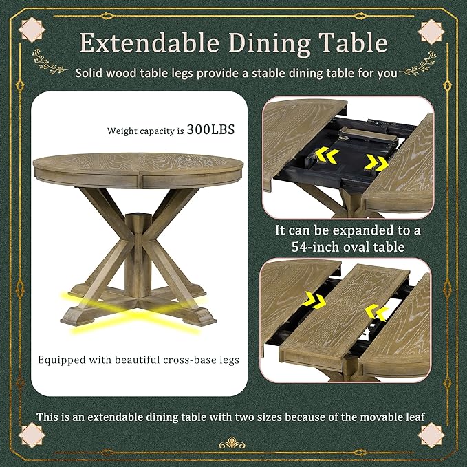 SogesPower 5-Piece Round Farmhouse Retro Dining Table Set for 4, Space-Saving Kitchen Table Set with Extendable Table and 4 Upholstered Chairs for Dining Room Living Room,Natural Wood