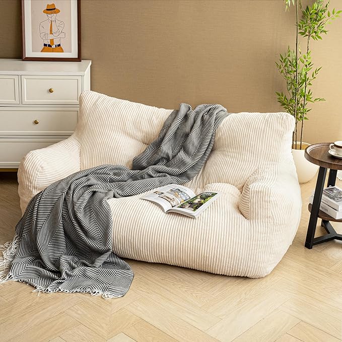 Pamapic Bean Bag Chair,2 Seat Loveseat Sofa,Ultra Soft Dutch Velvet,Fluffy Comfort Washable Cover,Corduroy Lazy Sofa Bed for Adults,Fit Living Room, Bedroom,Outdoor Spaces,White