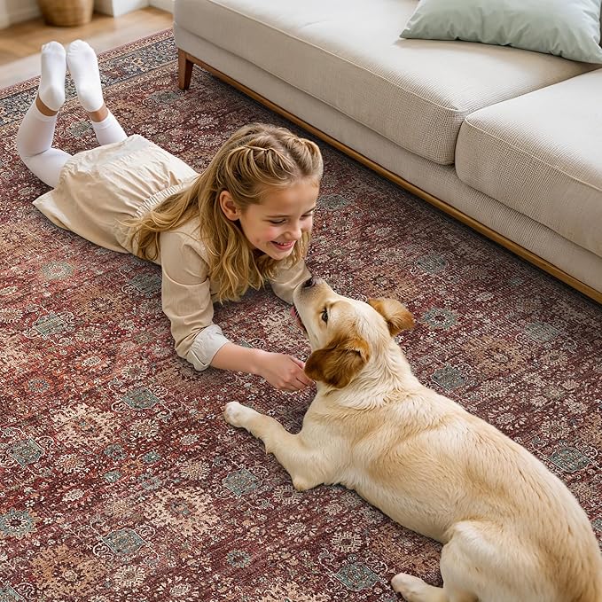 10X14 Area Rugs Machine Washable Rugs for Living Room, Vintage Boho Large Rugs for Bedroom Dining Room, Non Slip Indoor Soft Distressed Lightweight Thin Low Pile Carpet, Red Brown