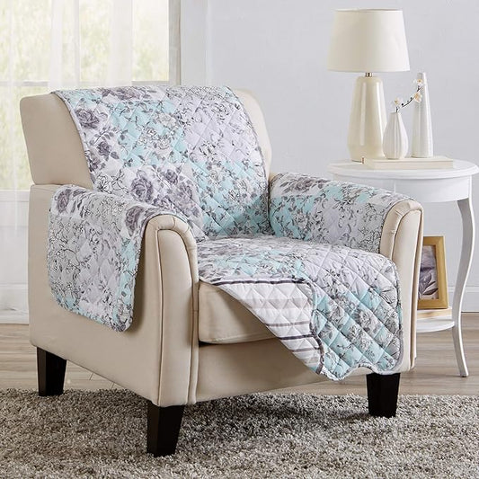 Reversible Floral Patchwork Furniture Protector Scalloped Edge Stain Resistant Printed Furniture Protector Maribel Collection (Chair, Gray/Aqua)