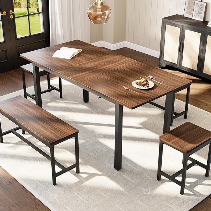 GarveeHome 5-Piece Dining Table Set for 4-8 People, 63" Large Extendable Kitchen Table Set with 2 Benches and 2 Square Stools, Modern Dining Room Furniture Sets, Easy Assembly, Espresso