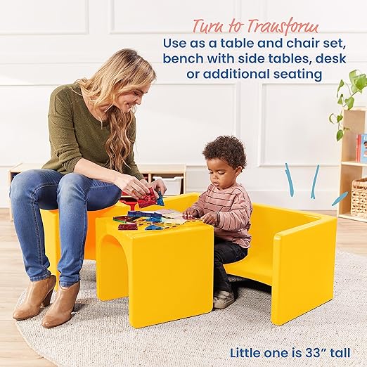 ECR4Kids Tri-Me Table and Cube Chair Set, Multipurpose Furniture, Yellow, 3-Piece