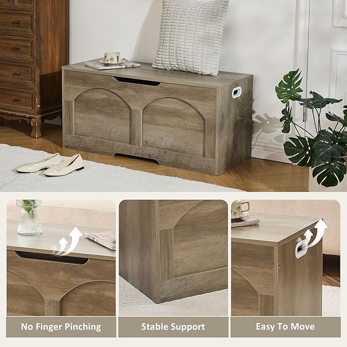 Storage Bench, 39.4" Retro Wooden Storage Chest Trunk, Large Toy Chest with Lift Top, Toy Box U-Shaped Opening, 39.4" x 15.7" x 18.3", Supports 330 lb, Entryway Bench for Living Room, Grey