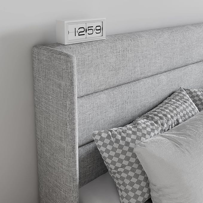 SHA CERLIN Queen Size Lift Up Storage Bed/Modern Wingback Headboard/Upholstered Platform Bed Frame/Hydraulic Storage/No Box Spring Needed/Wood Slats Support/Light Grey