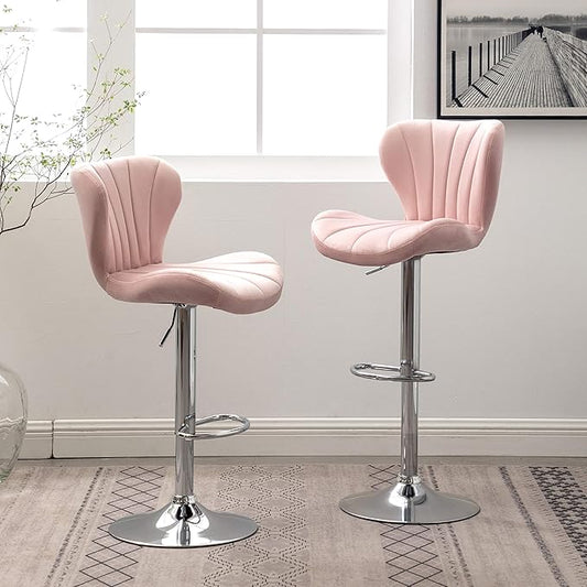 Roundhill Furniture Ellston Velvet Adjustable Swivel Barstools in Pink, Set of 2