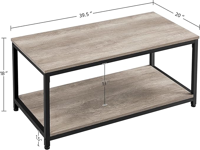 Yaheetech 39.5" 2-Tier Coffee Table with Storage Shelve, Industrial Gray Coffee Table, Easy Assembly, Wooden Center Tables for Living Room & Small Space, Gray