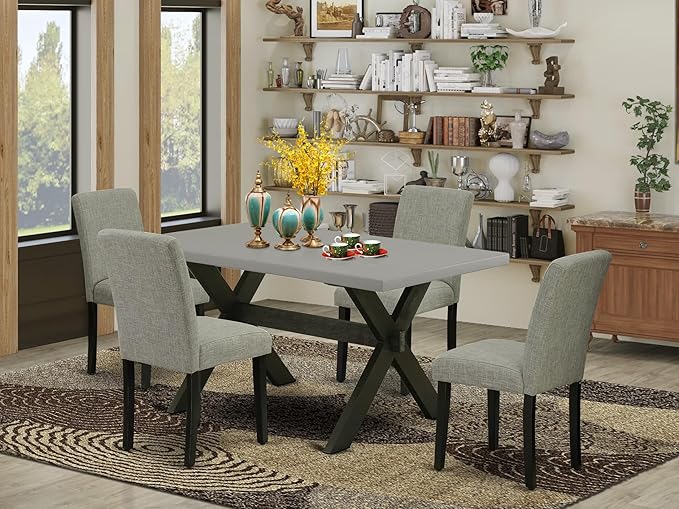 East West Furniture X696AB106-5 5 Piece Modern Dining Table Set Includes a Rectangle Wooden Table with X-Legs and 4 Shitake Linen Fabric Upholstered Parson Chairs, 36x60 Inch, Multi-Color